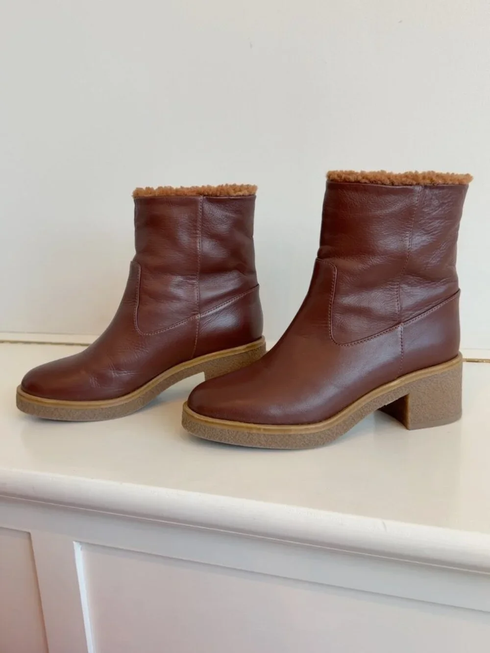 Theory Shearling-Lined Leather Ankle Boots | Brown | Made in Italy | EU 37 / US